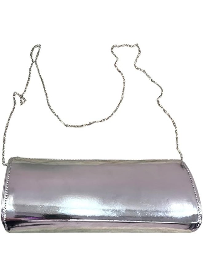 Elegant Women Soiree Handbag Shiny Design Chain Shoulder Strap Evening Bag silver - Image 3